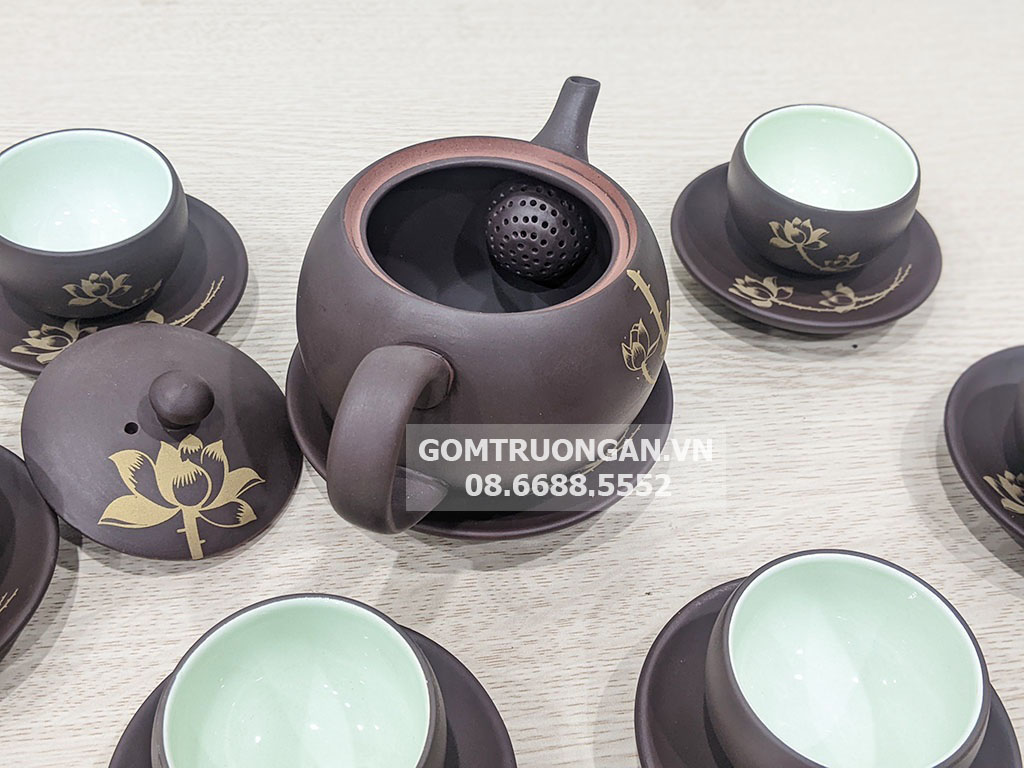 Bộ ấm chén hồng sa Bát Tràng hoa sen 3