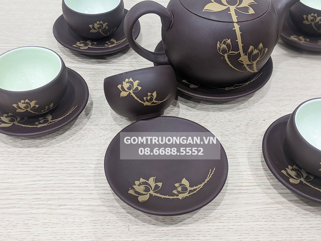 Bộ ấm chén hồng sa Bát Tràng hoa sen 4