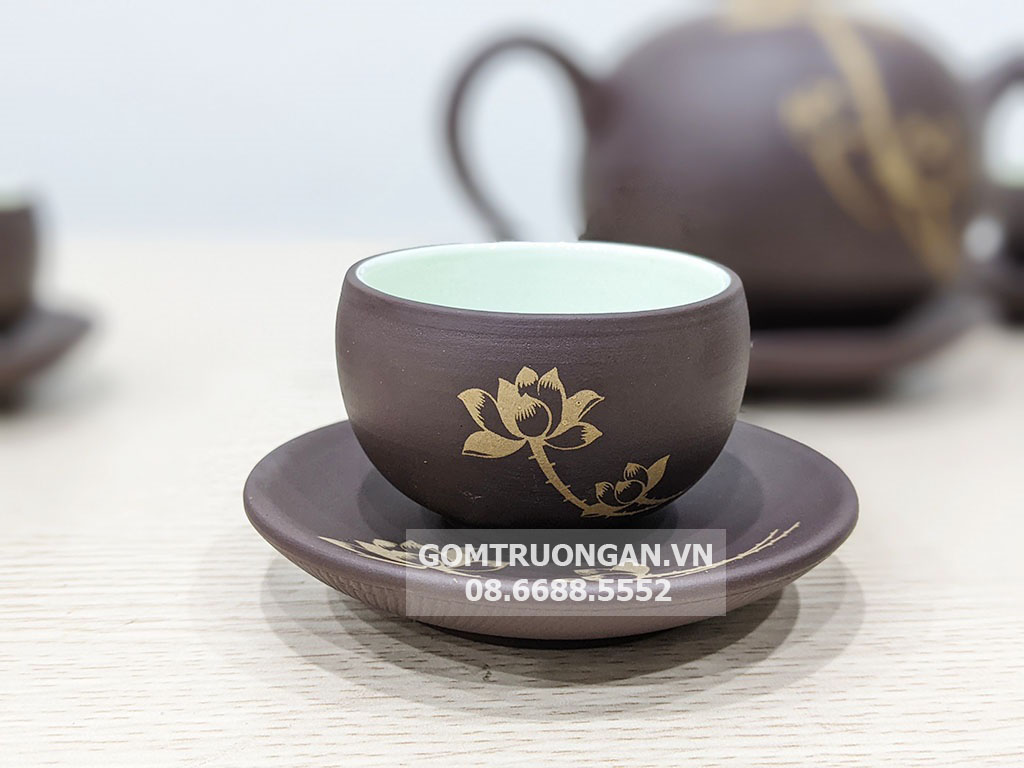 Bộ ấm chén hồng sa Bát Tràng hoa sen 5