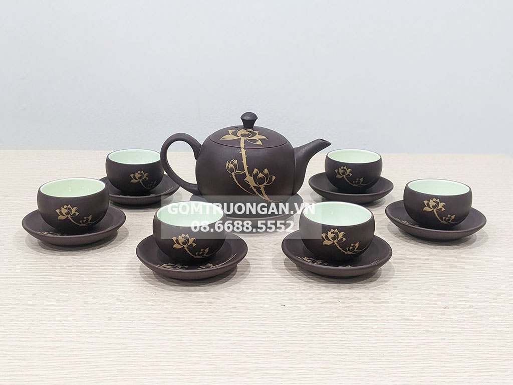 Bộ ấm chén hồng sa Bát Tràng hoa sen 1