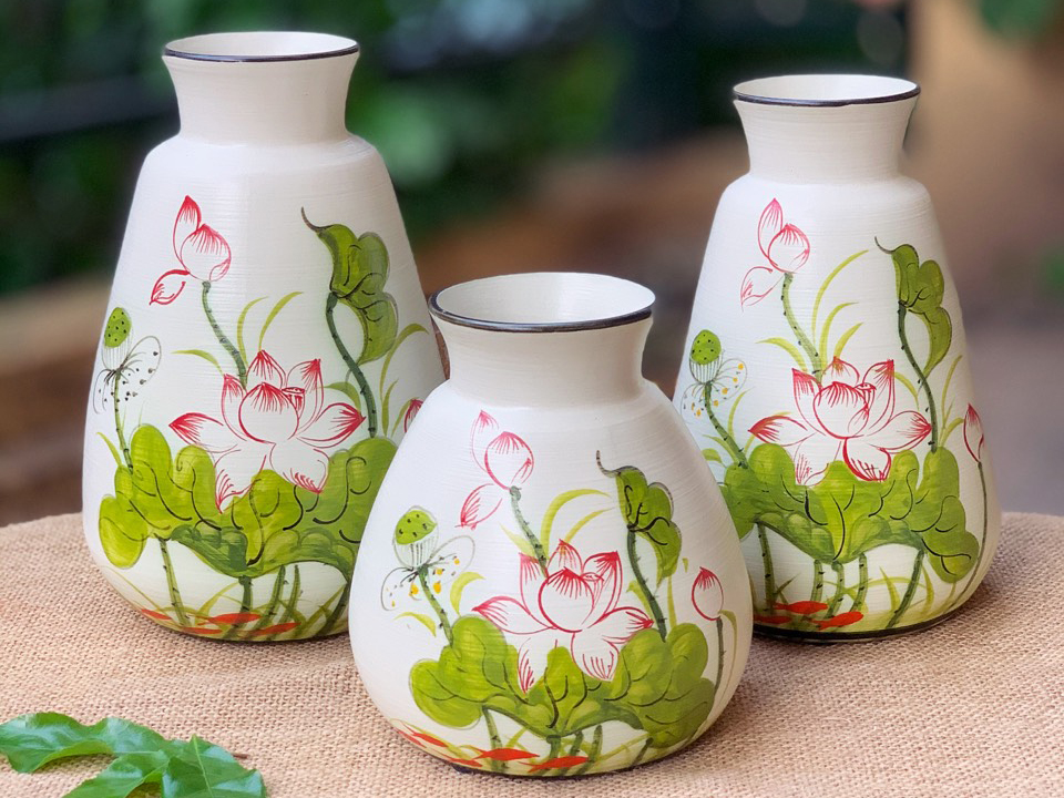 Lọ hoa Bát Tràng vẽ hoa sen combo 1 1