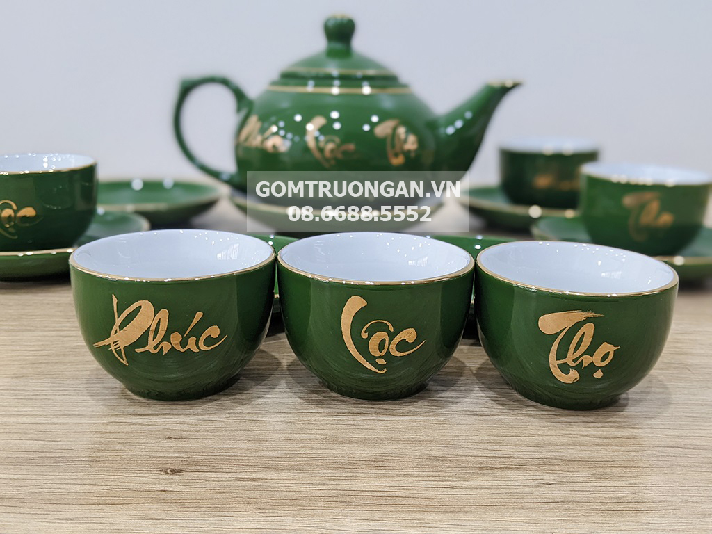Bộ ấm trà Bát Tràng men xanh ngọc lục bảo vẽ vàng kim 5