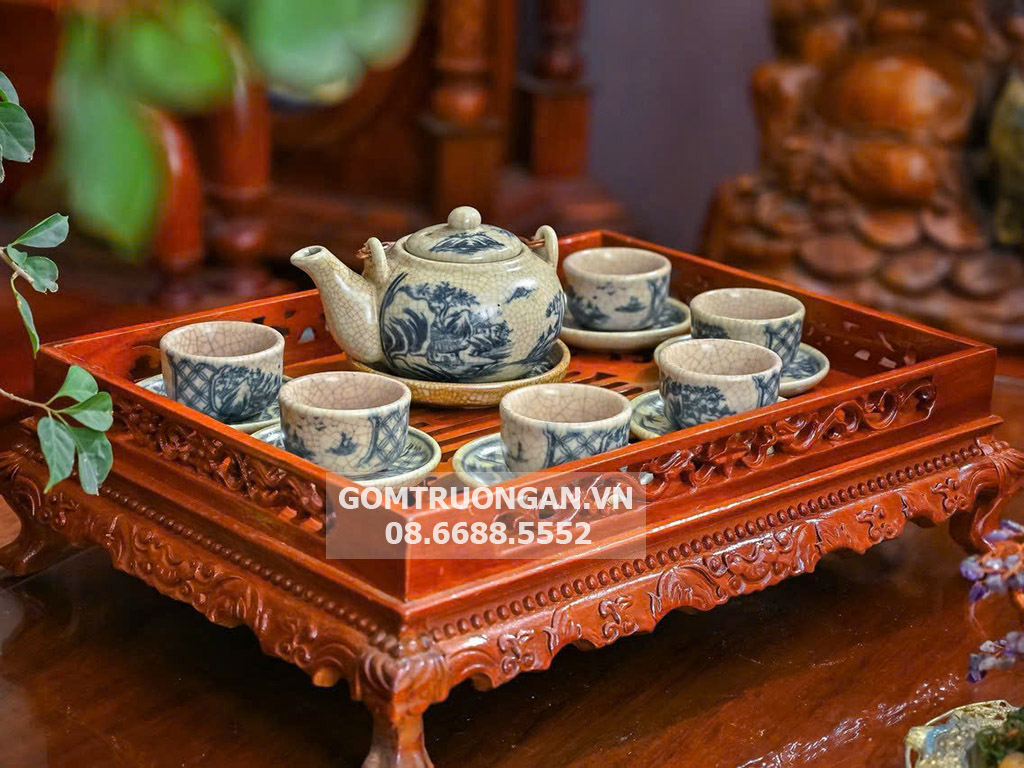 Ấm chén men rạn vẽ đồng quê dáng nhật (không có khay) 1