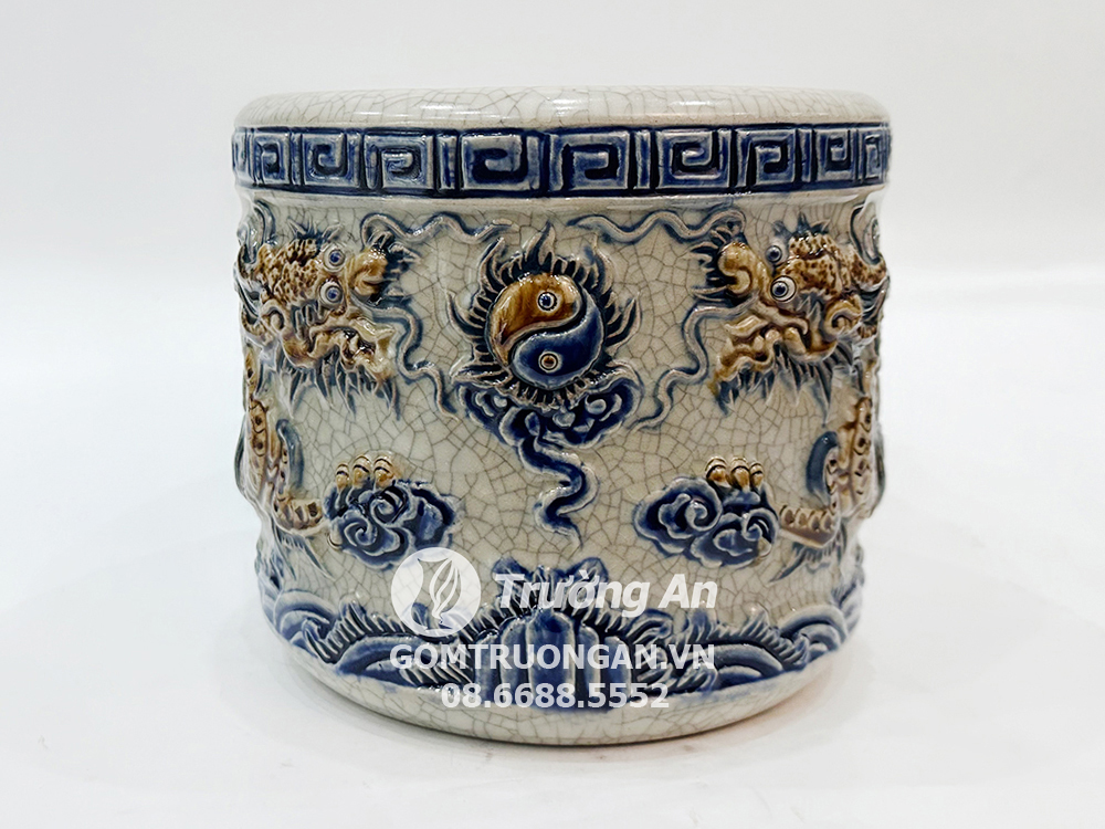 Bát hương Bát Tràng men rạn nổi rồng Phúc Quý đường kính 25cm 1