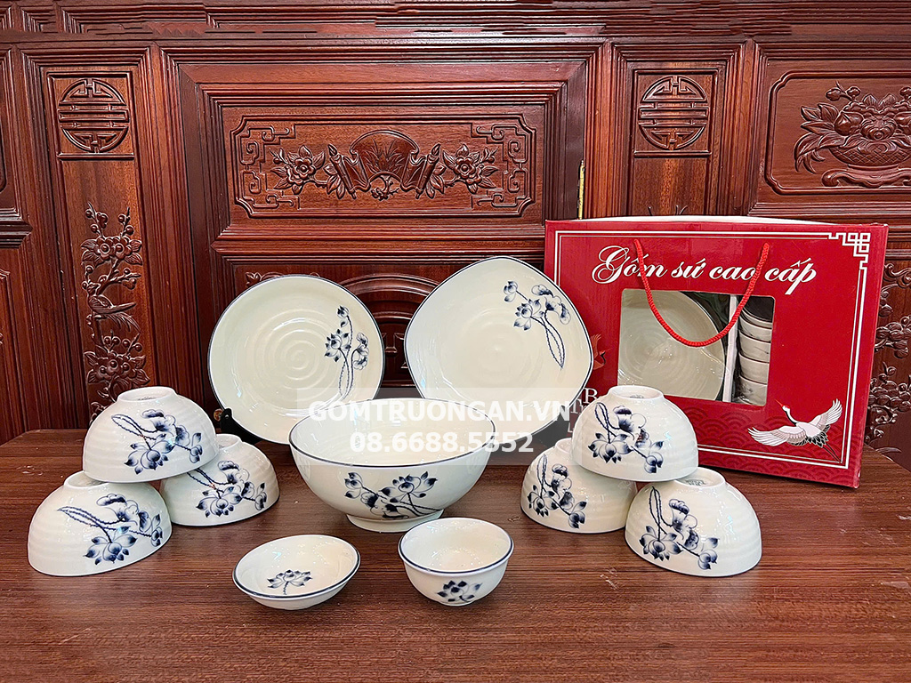 Bộ bát đĩa quà tặng Bát Tràng cao cấp vẽ sen lam 1