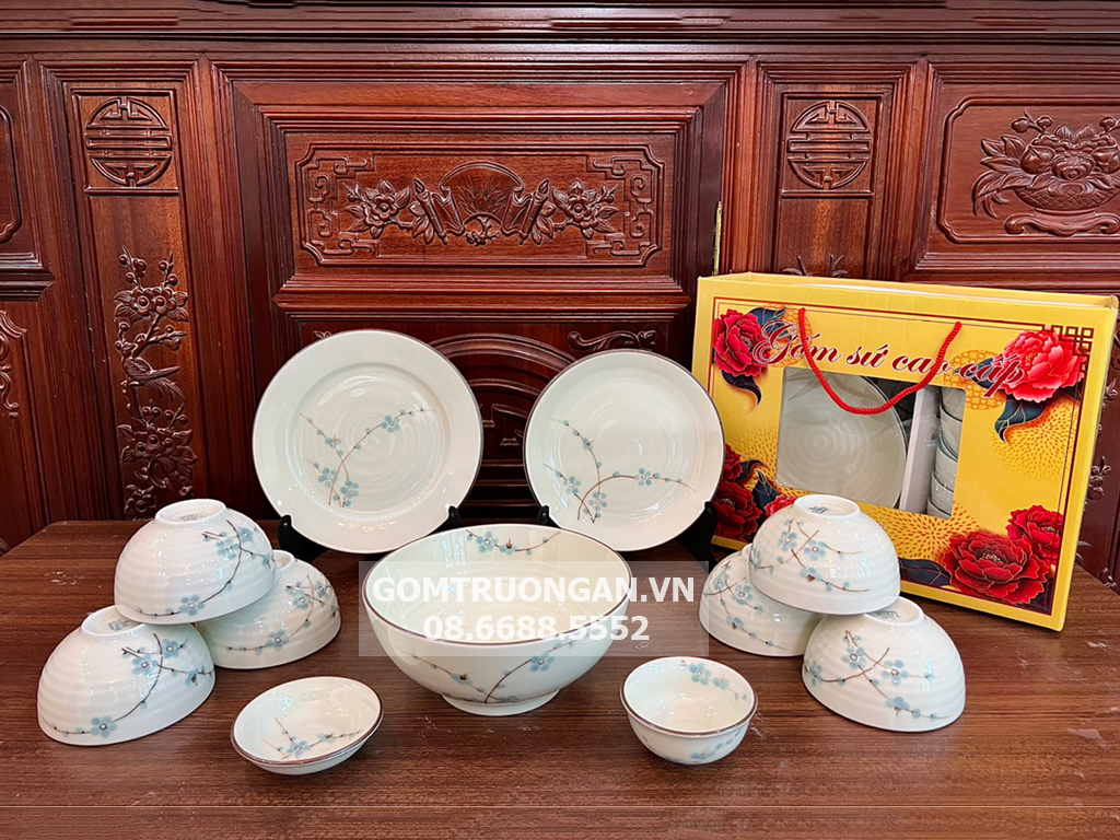 Bộ bát đĩa quà tặng Bát Tràng 11 món cao cấp vẽ đào xanh 1