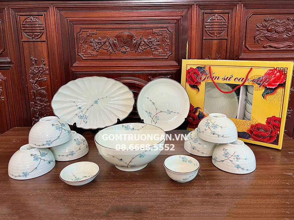 Bộ bát đĩa quà tặng Bát Tràng cao cấp vẽ tay đào xanh 1