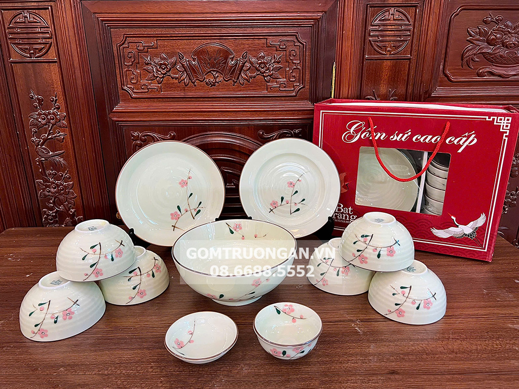 Bộ bát đĩa Bát Tràng 11 món cao cấp vẽ đào hồng 1
