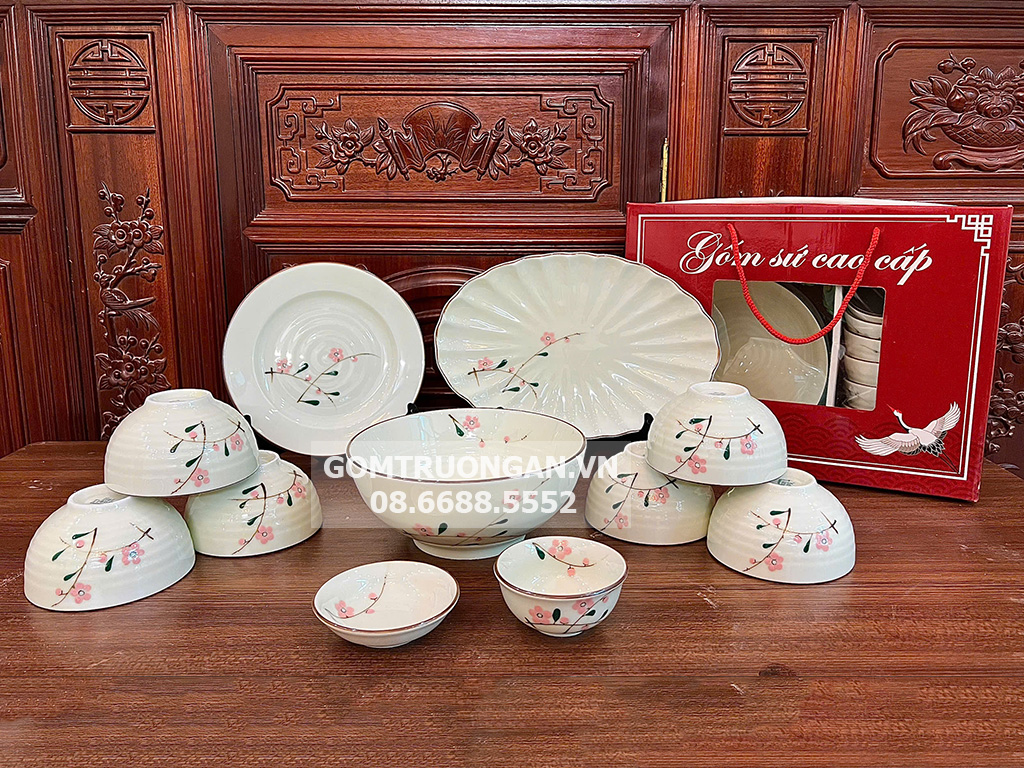 Bộ bát đĩa quà tặng Bát Tràng cao cấp vẽ tay đào hồng 1