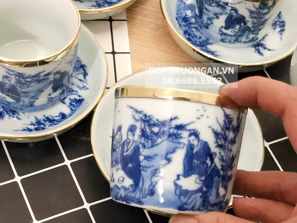 Bộ ấm t&iacute;ch B&aacute;t Tr&agrave;ng bọc đồng men lam Tr&uacute;c L&acirc;m Thất Hiền 1,5 l&iacute;t - ấm t&iacute;ch