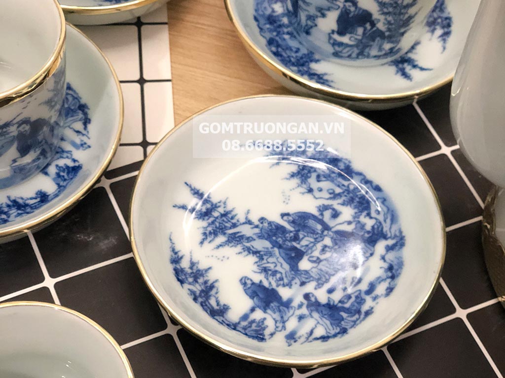 Bộ ấm t&iacute;ch B&aacute;t Tr&agrave;ng bọc đồng men lam Tr&uacute;c L&acirc;m Thất Hiền 1,5 l&iacute;t - ch&eacute;n