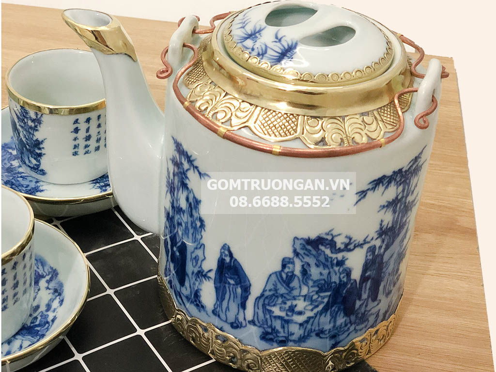 Bộ ấm tích Bát Tràng bọc đồng men lam Trúc Lâm Thất Hiền 1,5 lít 5