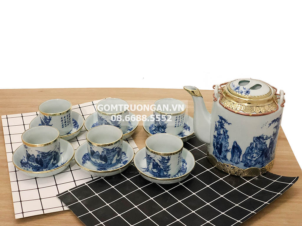 Bộ ấm tích Bát Tràng bọc đồng men lam Trúc Lâm Thất Hiền 1,5 lít 4