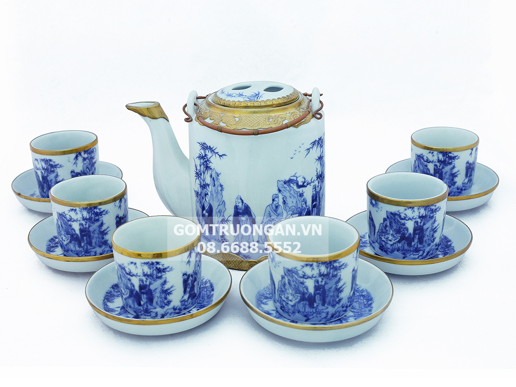 Bộ ấm tích Bát Tràng bọc đồng men lam Trúc Lâm Thất Hiền 1,5 lít 1