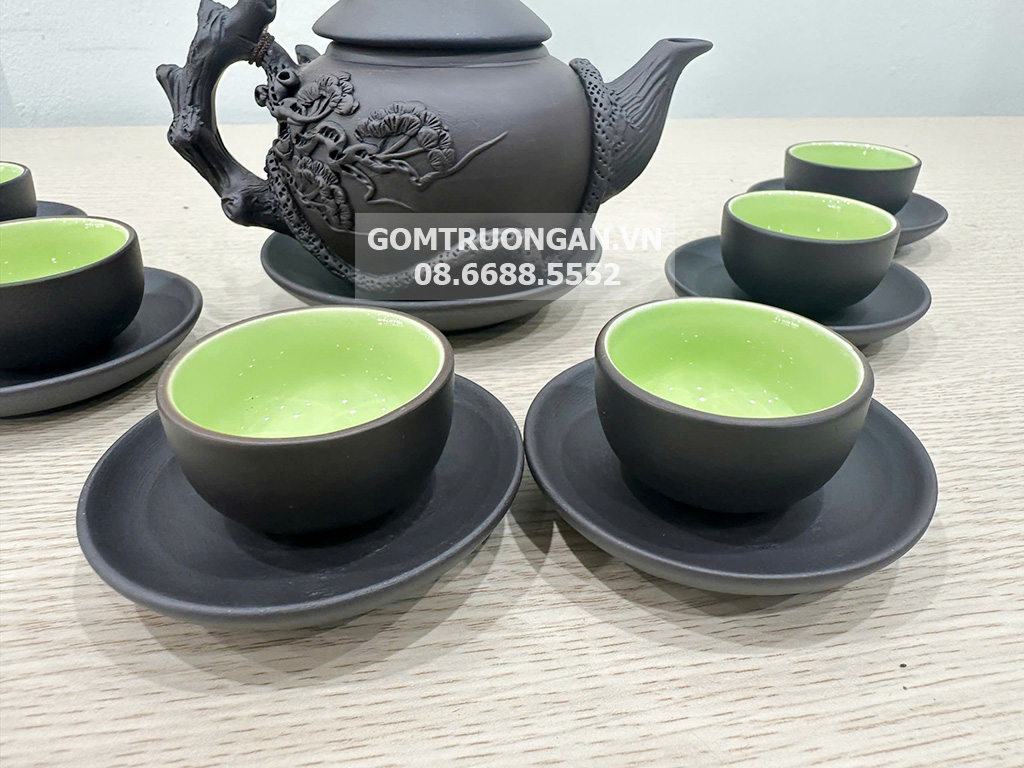 Bộ ấm chén tử sa Bát Tràng quai đắp nổi gốc cây tùng 5