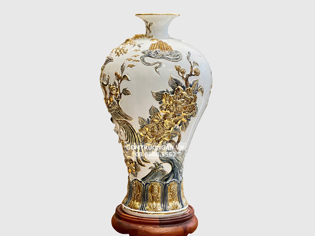Mai bình men trắng đắp nổi Công Danh Phúc Quý kênh bong vẽ vàng cao cấp 55 4