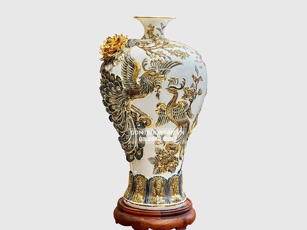 Mai bình men trắng đắp nổi Công Danh Phúc Quý kênh bong vẽ vàng cao cấp 55 1