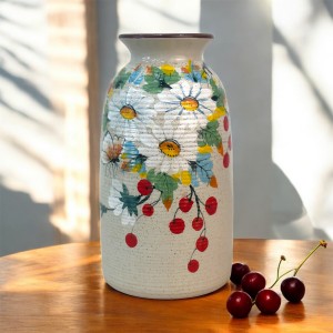 Lọ hoa men tiêu 3D dáng phích ganh to vẽ tay hoa cúc họa mi trắng