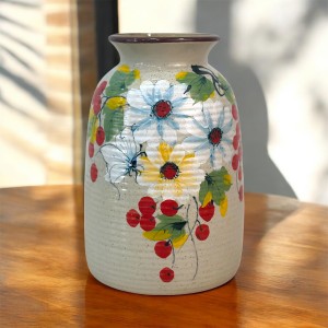 Lọ hoa men tiêu 3D dáng phích ganh nhỏi vẽ tay hoa cúc họa mi trắng