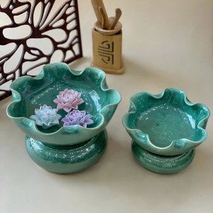 Bát thả hoa thần tài  đường kính 24cm men hỏa biến thiên thanh kèm chân đế(không bao gồm sen sứ)