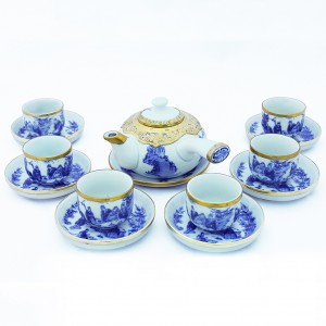 Ấm chén Bát Tràng bọc đồng men lam Trúc Lâm Thất Hiền tay ngang