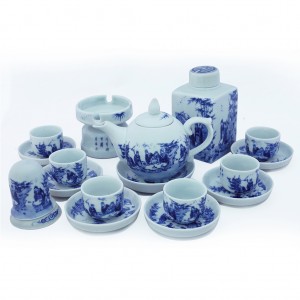 Ấm chén Bát Tràng men lam Trúc Lâm Thất Hiền chóp lửa đầy đủ phụ kiện