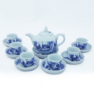 Ấm Chén Bát Tràng men lam Trúc Lâm Thất Hiền dáng chóp lửa