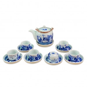 Ấm chén Bát Tràng men lam Trúc Lâm Thất Hiền dáng vại bé 400ml