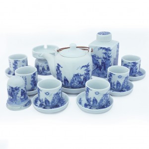 Ấm chén Bát Tràng men lam Trúc Lâm Thất Hiền dáng vại S1 quai đồng đầy đủ phụ kiện