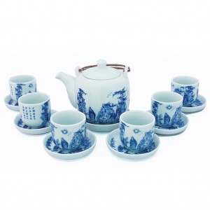 Ấm chén Bát Tràng men lam Trúc Lâm Thất Hiền dáng vại