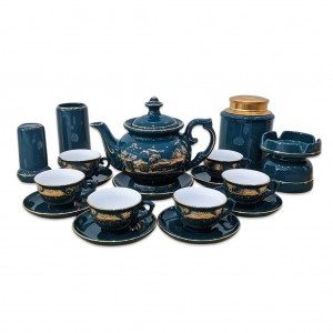 Ấm Chén Bát Tràng men xanh Mallard Hào Gia Phú Quý đầy đủ