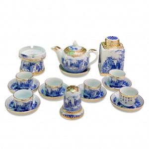 Ấm chén bọc đồng Bát Tràng Trúc Lâm Thất Hiền chóp lửa đầy đủ phụ kiện