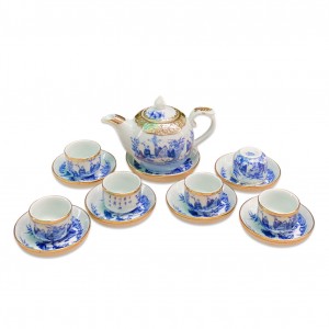 Ấm chén bọc đồng Bát Tràng men lam Trúc Lâm Thất Hiền dáng chóp lửa