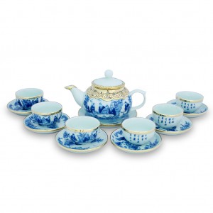 Ấm chén bọc đồng Bát Tràng men lam Trúc Lâm Thất Hiền dáng chóp