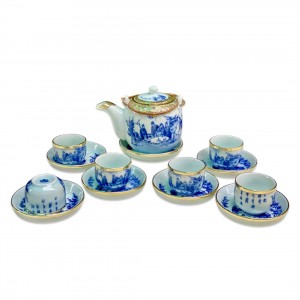 Ấm chén bọc đồng Bát Tràng men lam Trúc Lâm Thất Hiền dáng vại