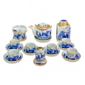 Ấm chén bọc đồng Bát Tràng men lam Trúc Lâm Thất Hiền dáng vại đầy đủ phụ kiện