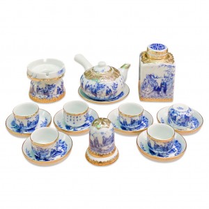 Ấm chén bọc đồng men lam Trúc Lâm Thất Hiền tay ngang đầy đủ phụ kiện