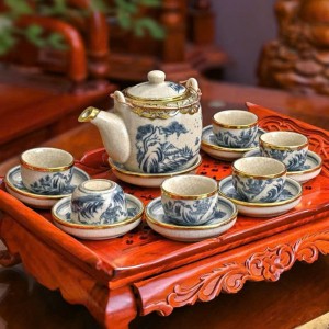 Ấm chén men giả cổ bọc đồng sơn thủy dáng vại (không khay gỗ)