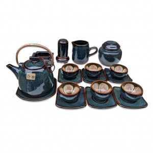 Ấm chén men hỏa biến xanh lòng chén hoa dáng siêu đầy đủ phụ kiện