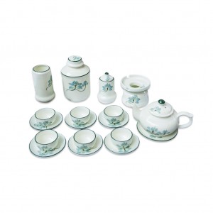 Ấm chén men kem Bát Tràng hoa sen xanh dáng quả đào đẩy đủ phụ kiện