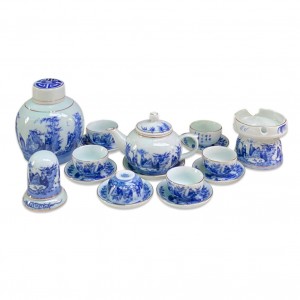 Ấm chén men lam quả hồng Trúc Lâm Thất Hiền kẻ chỉ vàng phụ kiện