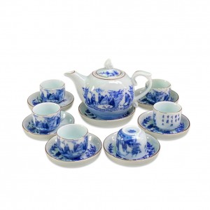 Ấm chén men lam Trúc Lâm Thất Hiền kẻ chỉ vàng