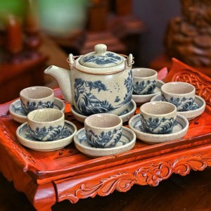 Ấm chén men rạn giả cổ vẽ sơn thủy dáng vại (không có khay)