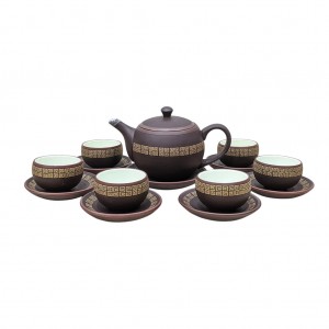 Ấm chén tử sa ghanh nâu chữ Vạn