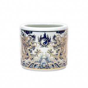 Bát hương vẽ vàng Bát Tràng rồng men lam Trường An 12cm