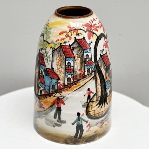 Bình hoa Bát Tràng trang trí decor dáng chuông vẽ phố cổ 30cm