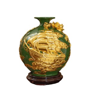 Bình hút lộc đắp nổi dát vàng Thuận Buồm Xuôi Gió mệnh mộc 30cm