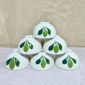 Bộ 6 bát ăn cơm Bát Tràng men kem vẽ 3 lá