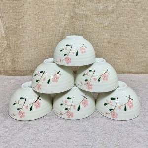 Bộ 6 bát ăn cơm Bát Tràng men kem vẽ hoa đào hồng