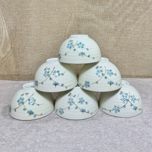 Bộ 6 bát ăn cơm Bát Tràng men kem vẽ hoa đào xanh